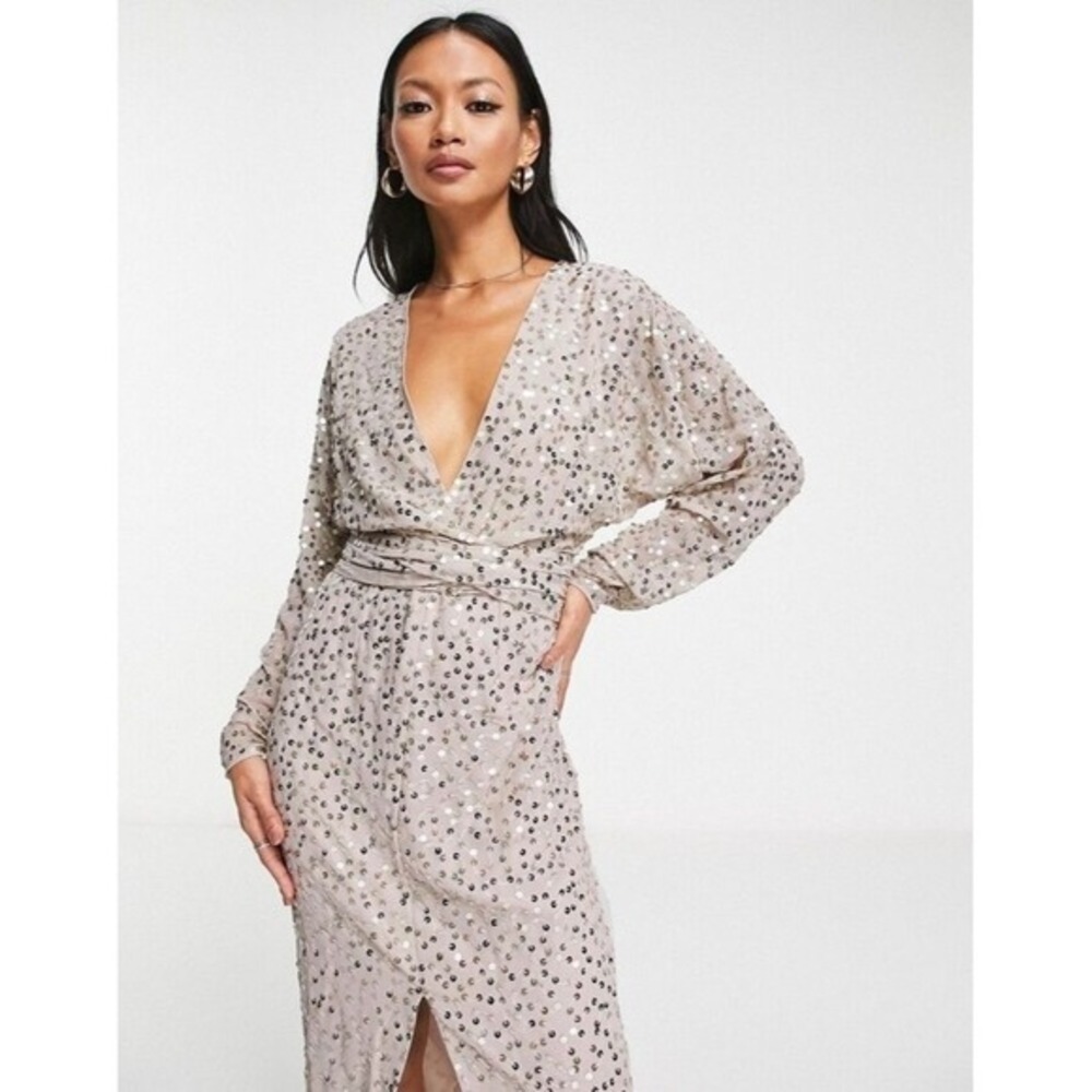 ASOS Design Wrap Dress Sequins Formal Wedding Guest Women Size 4 Gray‎ Beige NWT